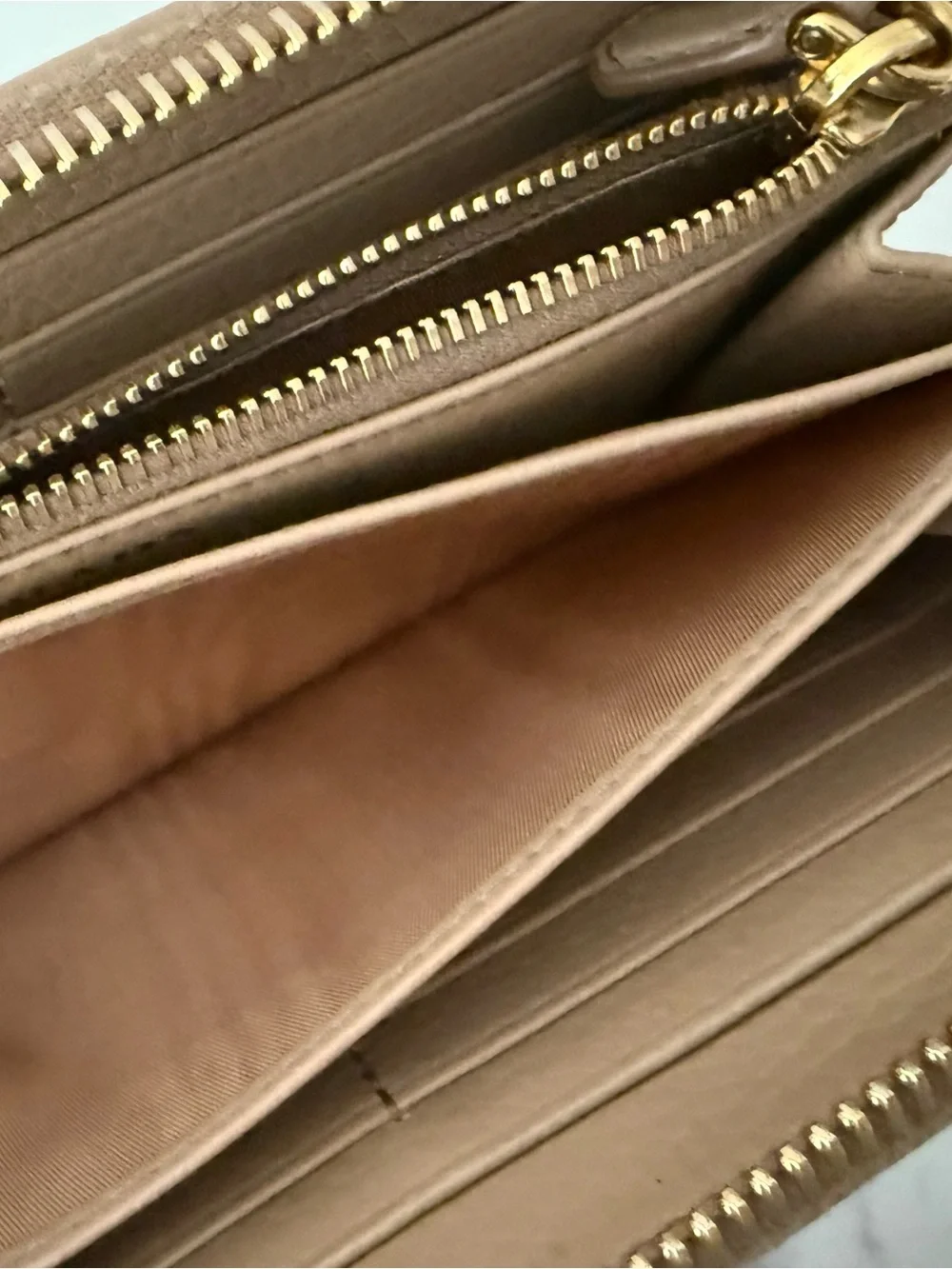 Prada Tan Leather Continental Wallet with Gold Logo Hardware